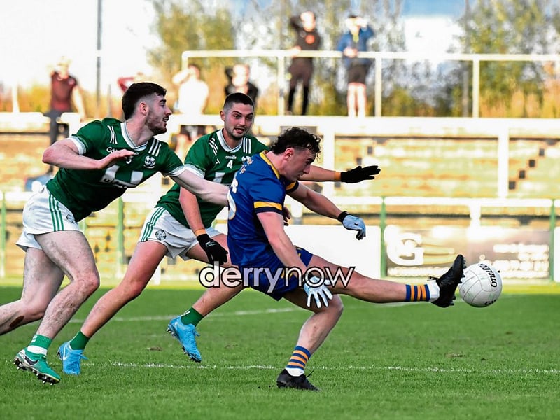 Steelstown's Cahir McMonagle gets a shot on target against Newbridge.