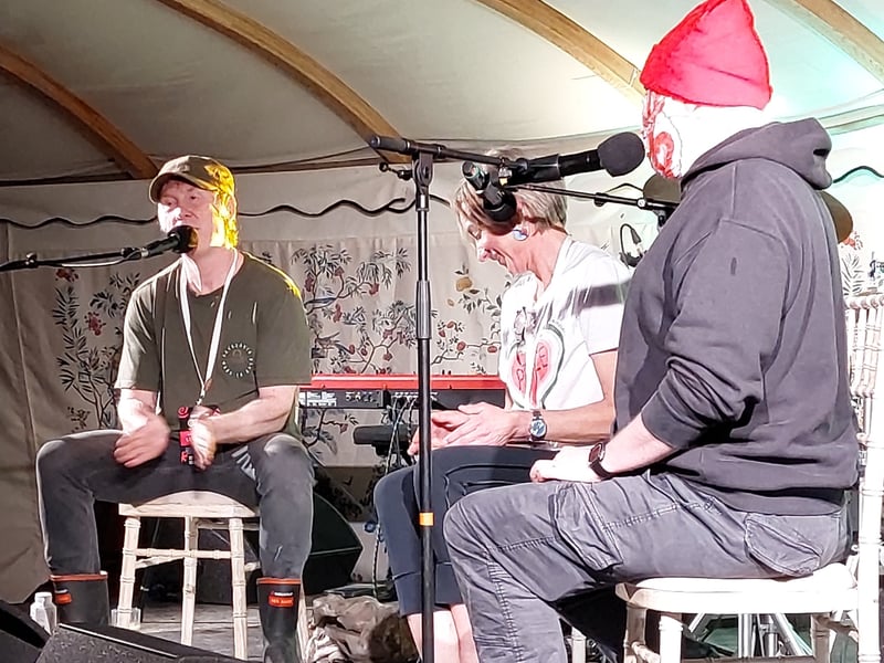 Hector Ó hEochagáin, Dr Karen Shine and Blindboy on stage at the Climate Carnival in Ballintubbert House and Gardens, Laois.