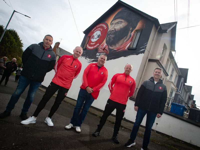 Tristar officials and coaches pictured at Saturday's unveilng of a new mural to the late Jon 'Ugg' Clifford overlooking Bull Park. From left, Ryan Horner, Emmett Murphy, Johnnie McDermott, Aidan Cusack and Gavin Doherty.