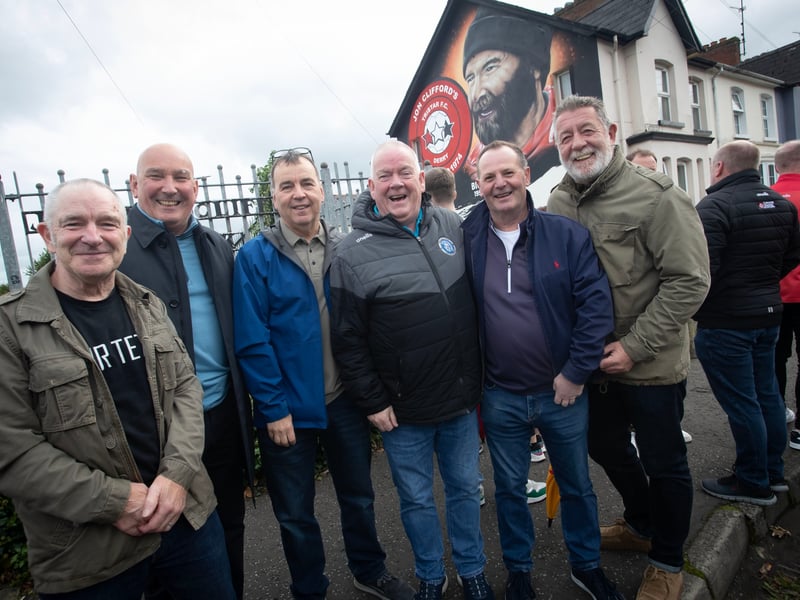OLD HANDS!. . . .Trojans General Manager and great friend of the late Jon Clifford pictured with some of Jon's former players. From left, Tony Morrison, Gary Matthewson, Paul Taggart, Rob McFarland and Paul Murray. (Photos: Jim McCafferty Photography)