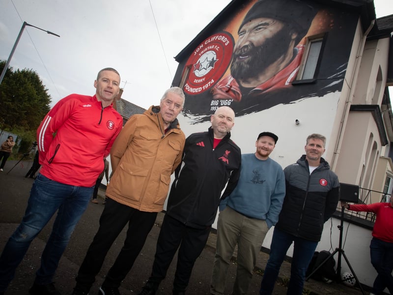 The Jon Clifford mural artist Karl Porter (UV Arts - second from right), pictured on Saturday with, from left, Ryan Horner, Jim Clifford, Frankie Fleming and Gavan Doherty.