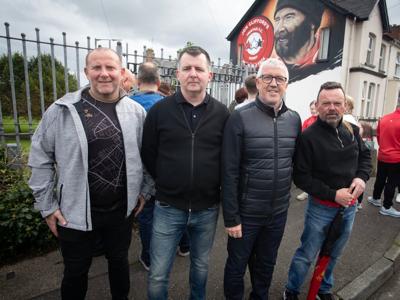 Some of the former Tristar players pictured during Saturday's unveiling of a new mural to club founder, the late Jon 'Ugg' Clifford. (Photos: Jim McCafferty Photography)