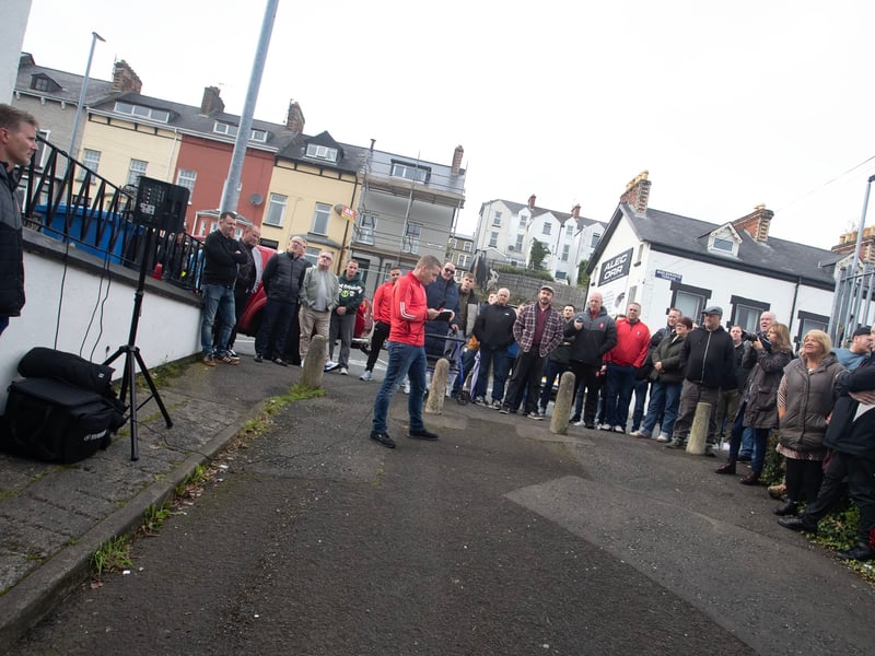 Ryan Horner, Tristar FC committee member, addressing the attendance at Saturday's Jon Clifford mural launch overlooking Bull Park in Derry.