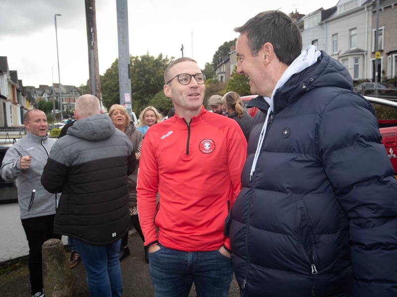 Ryan Horner in conversation with Marty McCann during Saturday's unveiling of a new mural to Tristar club founder Jon 'Ugg' Clifford overlooking Bull Park. (Photos: Jim McCafferty Photography)