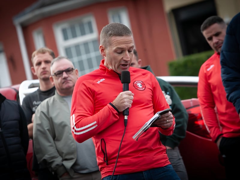 Ryan Horner, Tristar FC committee member, addressing the attendance at Saturday's Jon Clifford mural launch overlooking Bull Park in Derry.