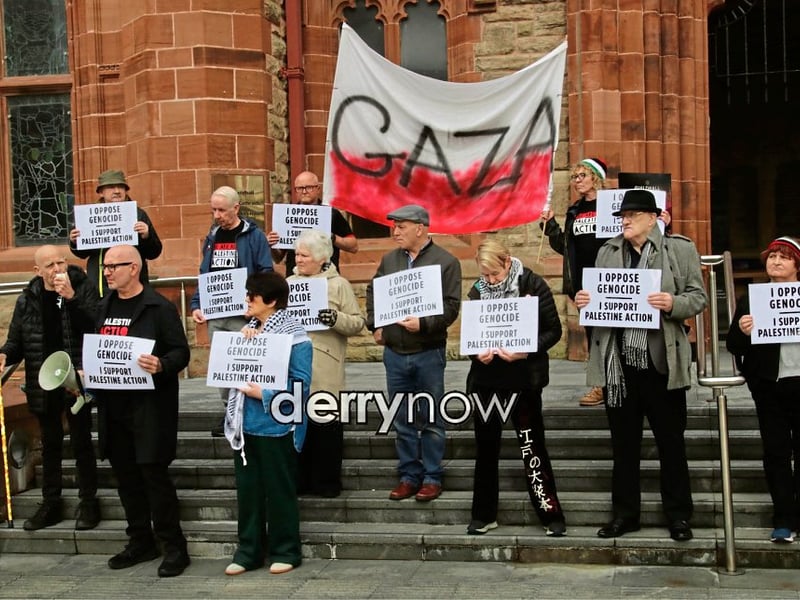 Eamonn McCann pays tribute to Tommy McCourt at the Protesting Genocide Is Not A Crime rally in the Guildhall Square. (Photos - Deirdre Heaney, nwpresspics)