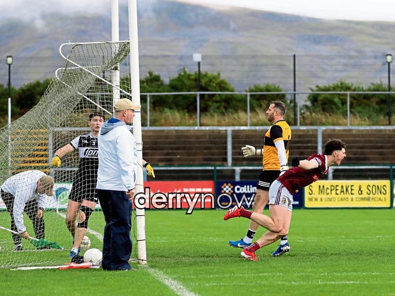 Banagher’s Oisin Feeney goal celebration against Dungiven in the Senior Football Championship Round 3 at Owenbeg.