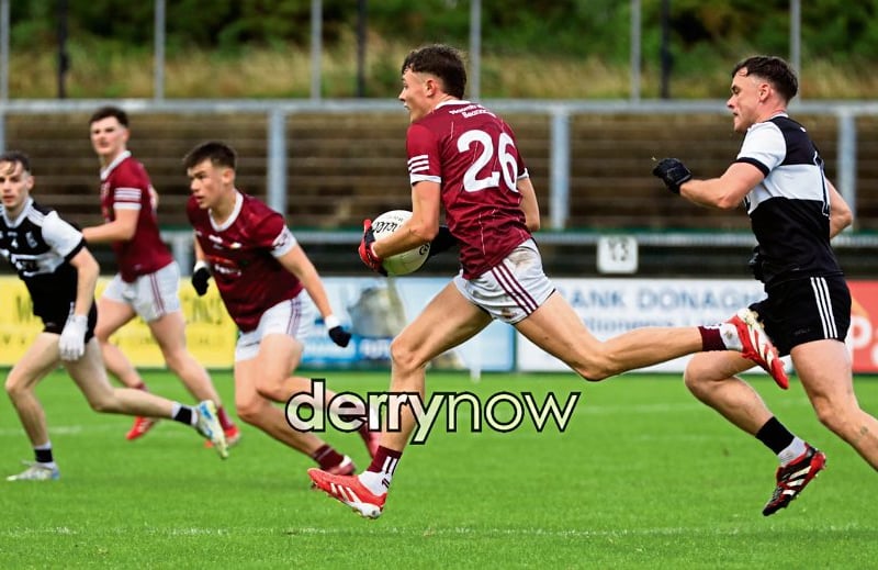 Banagher’s Chris McCullagh powers forward against Dungiven at Owenbeg on Sunday. (Photos - Tom Heaney, nwpresspics)