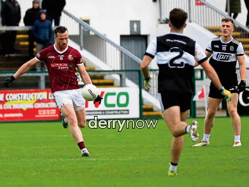 Banagher’s Eoin Devine prepares to kick the ball in the Senior Football Championship Round 3 at Owenbeg on Sunday. (Photos - Tom Heaney, nwpresspics)