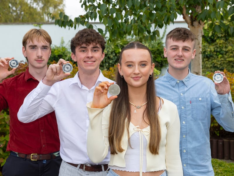 Pictured are Tomás O hOldáin, Coláiste Pobal Osraí, David Boland, Coláiste Mhuire, Alison Malone, Grennan College and Max O'Keeffe, Scoil Aireagail. Photograph: Patrick Browne