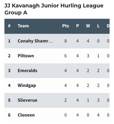 JJ Kavanagh Junior Hurling League Group B: