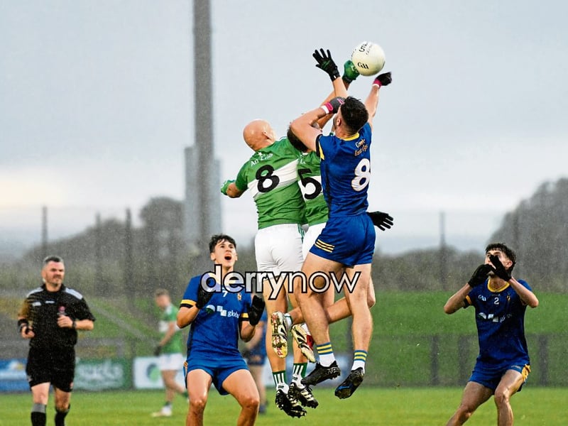 Steelstown's Shane O'Connor contests this high ball with Loup players Calum Lagan and Dara Joe Martin.