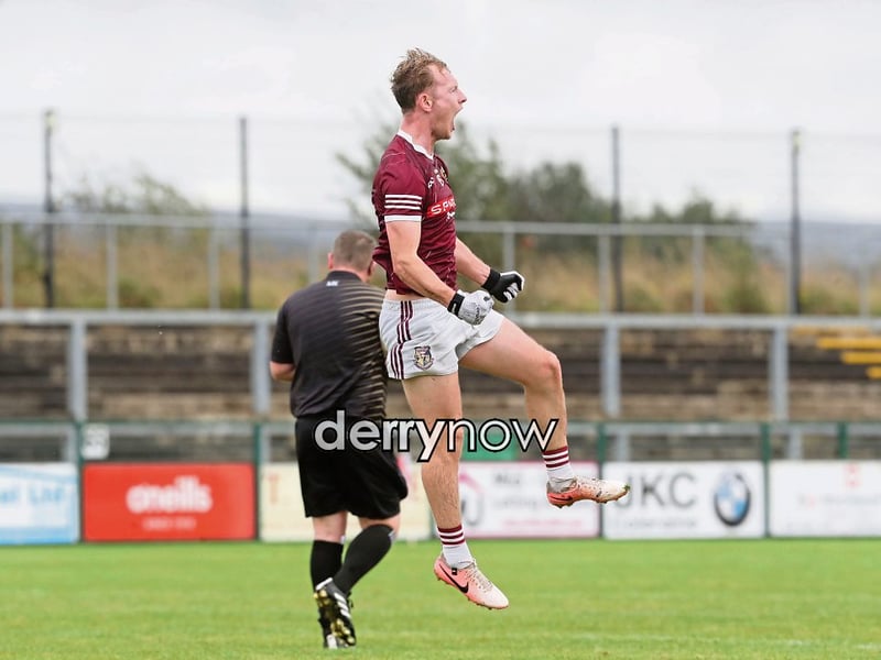 Banagher Tiarnan Moore celebrates after beating Ballinderry during the Derry SFC match at Owenbeg.