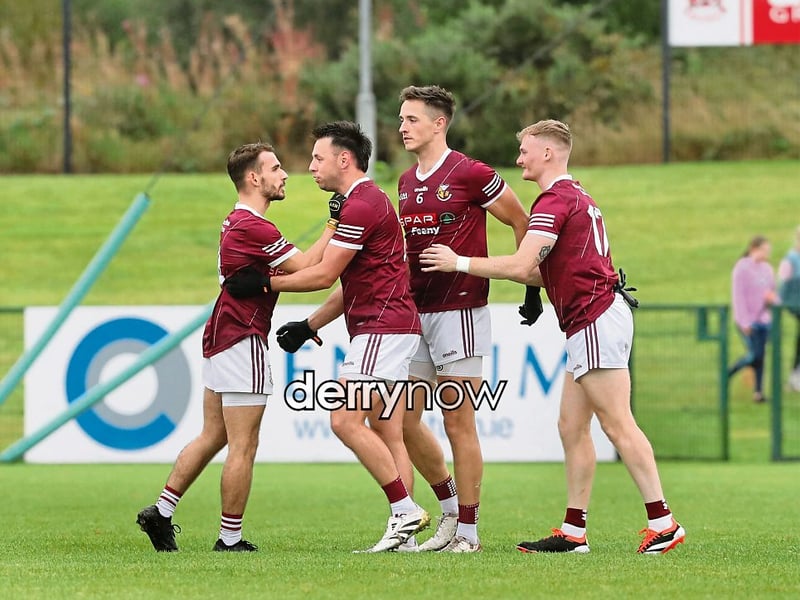 Banagher celebrate after beating Ballinderry during the Derry SFC match at Owenbeg. (Photos: Margaret McLaughlin)