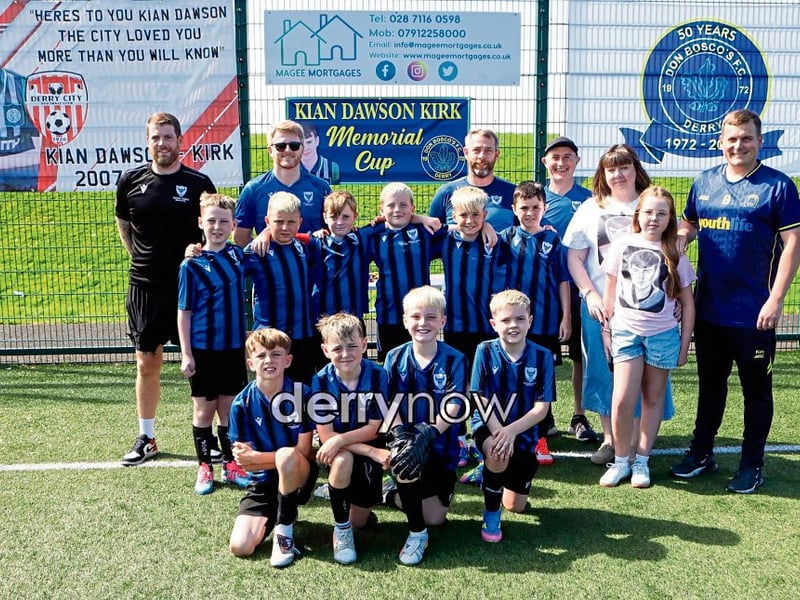 Trojans U10 team. Included on left are Paul Harkin, coach/event organiser, and on right Emmett Kirk, Fiona Dawson and Abaigael Dawson.