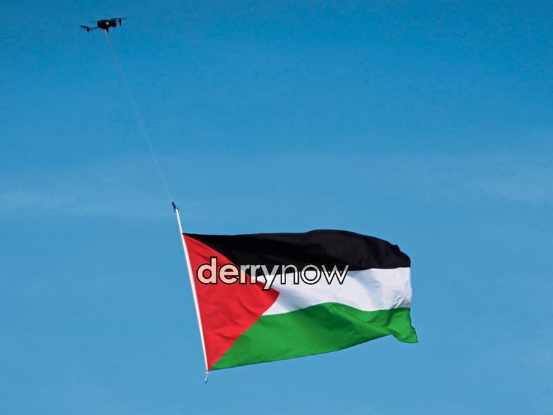 A drone with a Palestinian flag makes a fly-past during half-time at the matches at Owenbeg on Sunday.