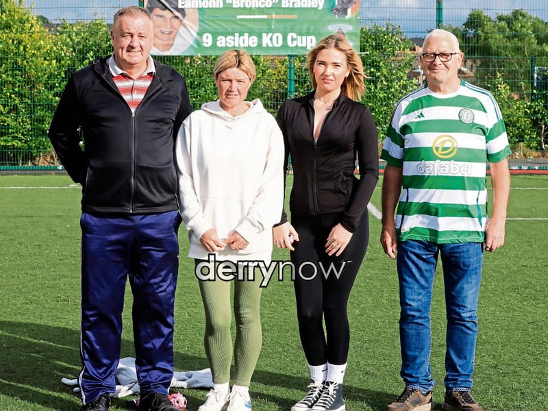 Annemarie Bradley, niece of Óglach Eamonn “Bronco” Bradley with her daughter, Chloe, Noel Moore, match official, and on right, Martin McGilloway, organiser.