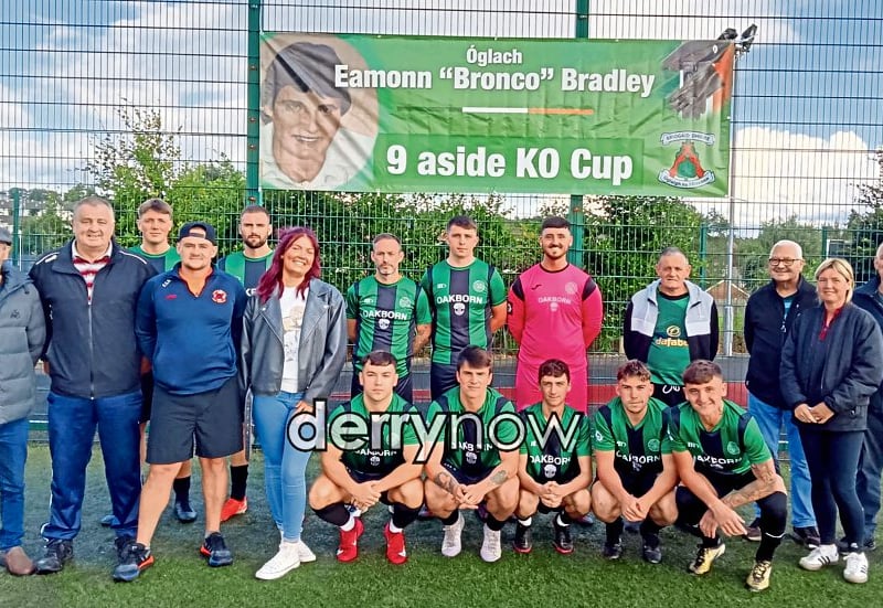 Celtic Bar team with family and organisers of the Óglach Eamonn “Bronco” Bradley 9-a-side KO Cup held at Leafair.