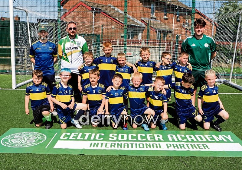 Young players who took part in the Don Boscos Celtic Camp held at Leafair. Included on left, are Marty Crumley and Matt Rafferty, Don Boscos FC, and on right Kieran Clarke, Celtic Youth coach.