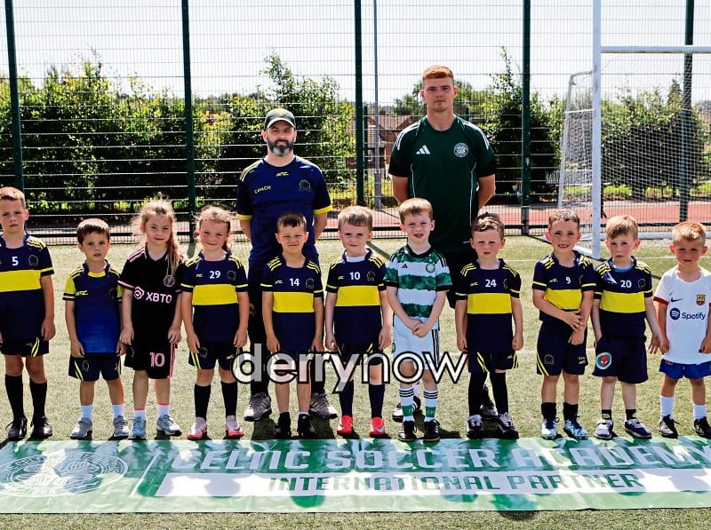 Young players who took part in the Don Boscos Celtic Camp held at Leafair. Included on left, Marty Crumley, Don Boscos FC and Aidan Nesbitt, Celtic Youth coach. (Photos - Tom Heaney, nwpresspics)