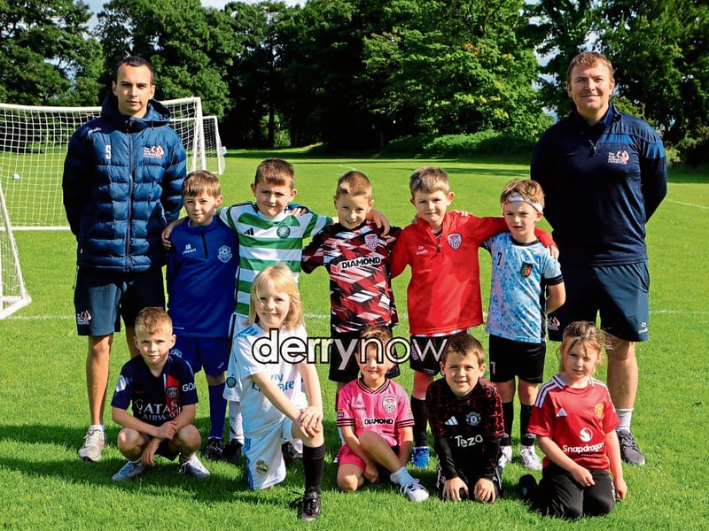 The U7s with coaches Paul O’Donnell and on right Martin Doherty, at the Culmore Football Club, Ryan McBride Summer Camp.