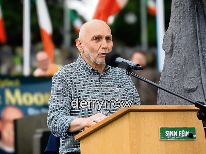 Veteran republican Séan 'Spike' Murray addressing the huge crowd at the annual Volunteers Commemoration at the Republican plot, City Cemetery, last Sunday. (Photos - Tom Heaney, nwpresspics)