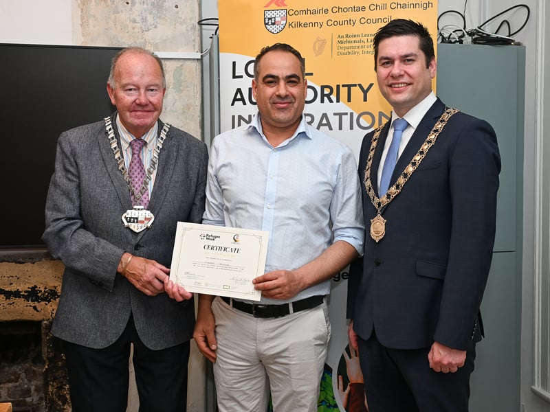Cathaoirleach Michael McCarthy, Slimane Lhochine and Mayor Andrew McGuinness PICTURE Vicky Comerford