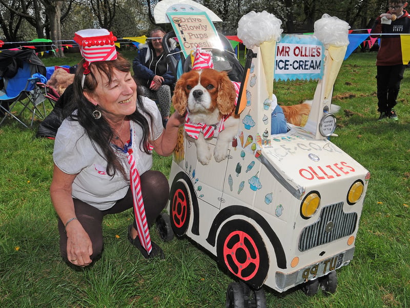 Ollie the ice cream dog in the fancy dress with owner Elaine Wheeldon of Wortley.