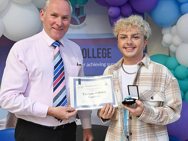 Below: Leadership award winner Tiernan O'Brien-Connolly receiving his award from Deputy Principal John Caraher