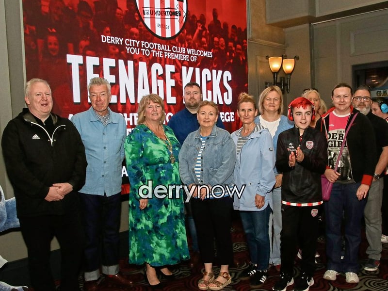 Group pictured with the Deputy Mayor Niree McMorris and Undertones bass guitarist Mickey Bradley, at the film “Teenage Kicks”, by the late Vinny Cunningham at Brunswick Moviebowl.