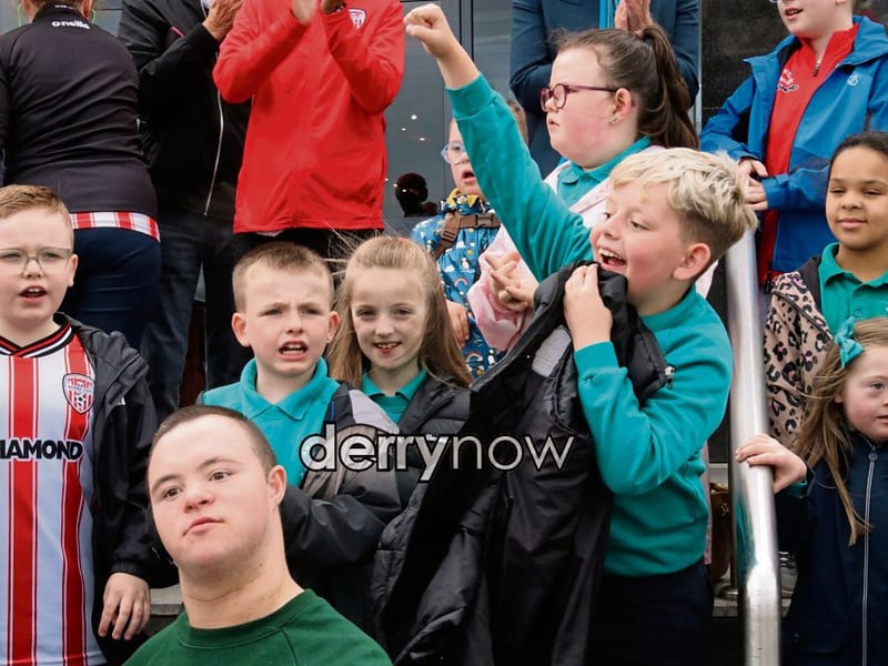 Pupils from Ardnashee College who featured in the film “Teenage Kicks”, by the late Vinny Cunningham outside Brunswick Moviebowl before the screening. (Photos - Tom Heaney, nwpresspics)