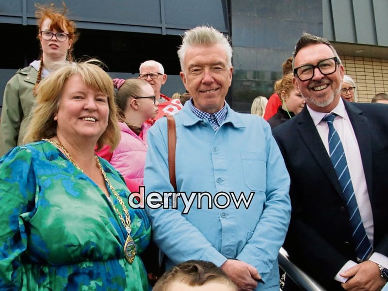 Deputy Mayor Niree McMorris with Undertones bass guitarist Mickey Bradley, and Ardnashee College principal Raymond McFeeters at the film “Teenage Kicks”, by the late Vinny Cunningham at Brunswick Moviebowl before the screening.