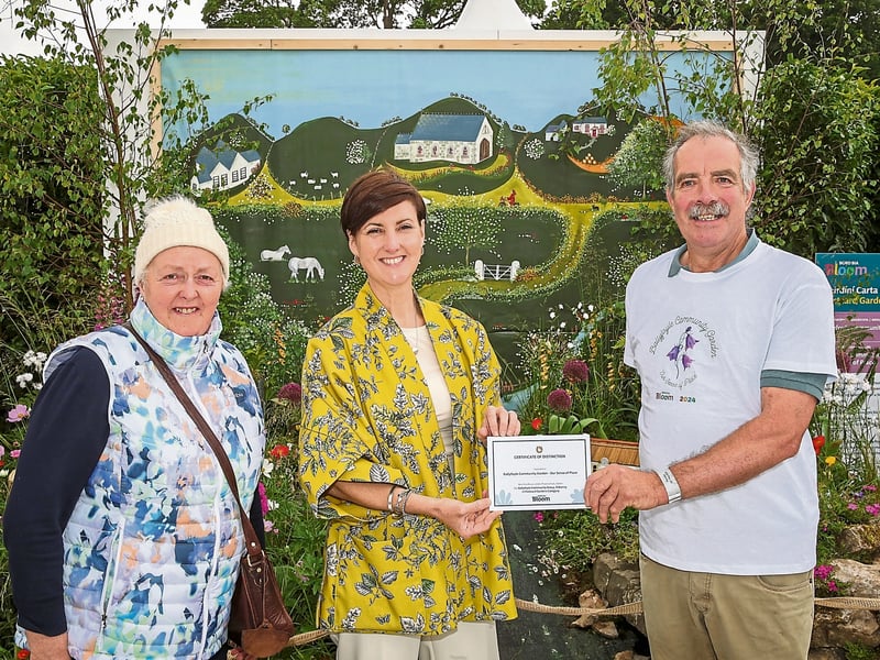 Last year's winners! Kerrie Gardiner, Show Garden & Horticultural Content Manager for Bord Bia Bloom presents a Certificate of Distinction to Ann Callanan and Michael Brennan Ballyfoyle Community Group Co Kilkenny, creators of the Ballyfoyle Community Garden – Our Sense of Place Postcard Garden. Ballyfoyle Community Group's Postcard Garden was awarded a Certificate of Distinction in 2024. They planned to replant the garden in Ballyfoyle’s Memorial Garden after the festival. It is inspired by the surrounding landscape and local history of Ballyfoyle.