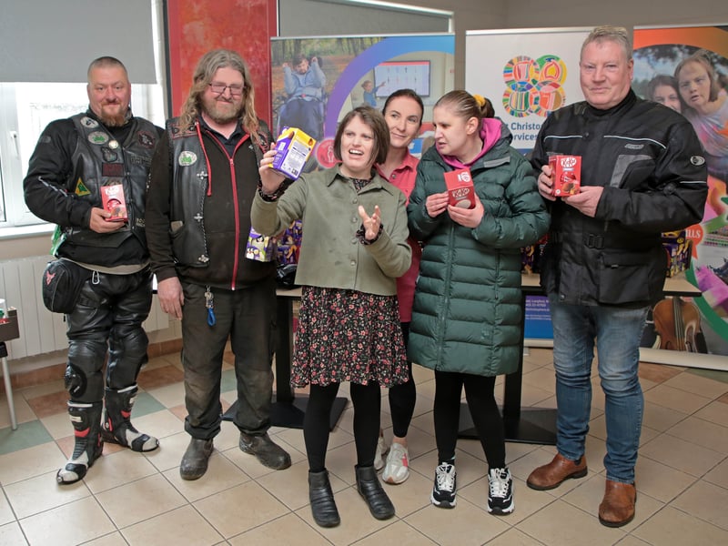 CAPTION: Members of Heatseizers MCC made their annual donation of around 200 Easter eggs gathered by club members and friends to the residents of St Christophers Services Longford. Pictured are Michael McGrath, Micheal Nolan, Katie Walsh, Mary Nevin, Joanna Kulisz and Dave Allen Picture: Shelley Corcoran