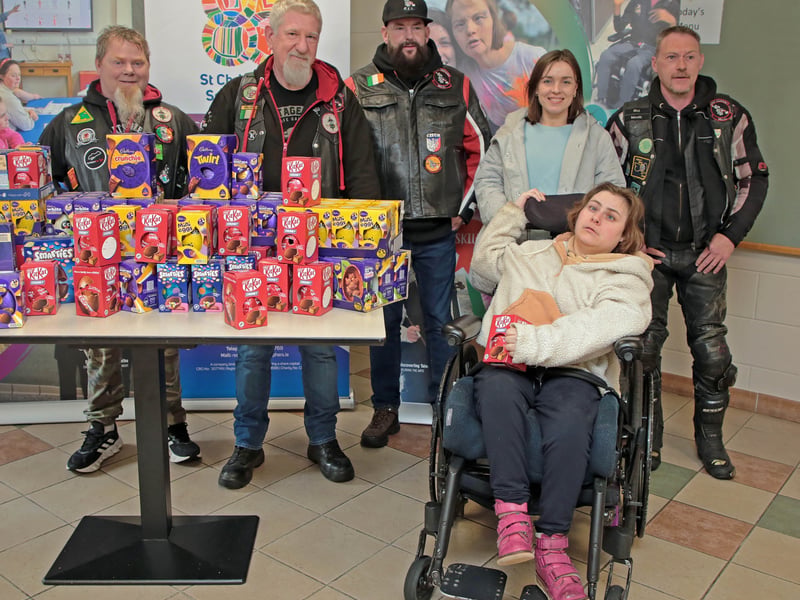 CAPTION: Members of Heatseizers MCC made their annual donation of around 200 Easter eggs gathered by club members and friends to the residents of St Christophers Services Longford. Pictured are Eugene O'Leary, Noel Jordan, Richie Cummins, Grace McManus, Miriam Connell and Dixie Tobyn Picture: Shelley Corcoran