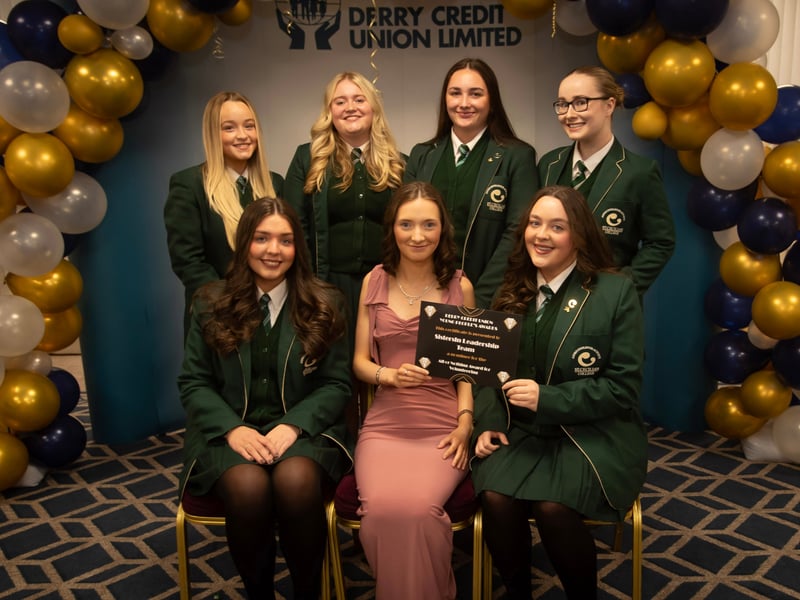 Derry Credit Union's Young People's Awards 2025 nominees Sistersin Team 2025 from St. Cecilia's College, being presented with their certificates by Ellen Bradley, Youth Committee, on Monday night.