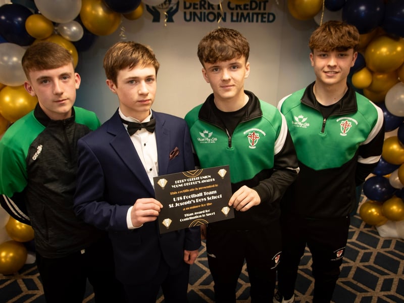 Derry Credit Union's Young People's Awards 2025 nominees St. Joseph's Boys School u-18 soccer team being presented with their certificate by Buadan Harkin, Youth Committee, on Monday night.