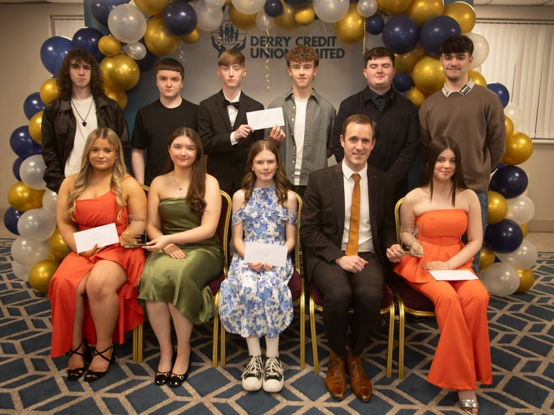 Derry Credit Union's Annual Young People's Awards 2025 winners receiving their prizes at the Waterfoot Hotel on Monday evening last from Owen McColgan, Keynote Speaker, Sarah Lindsay and Cian McLaughlin, Youth Committee members.