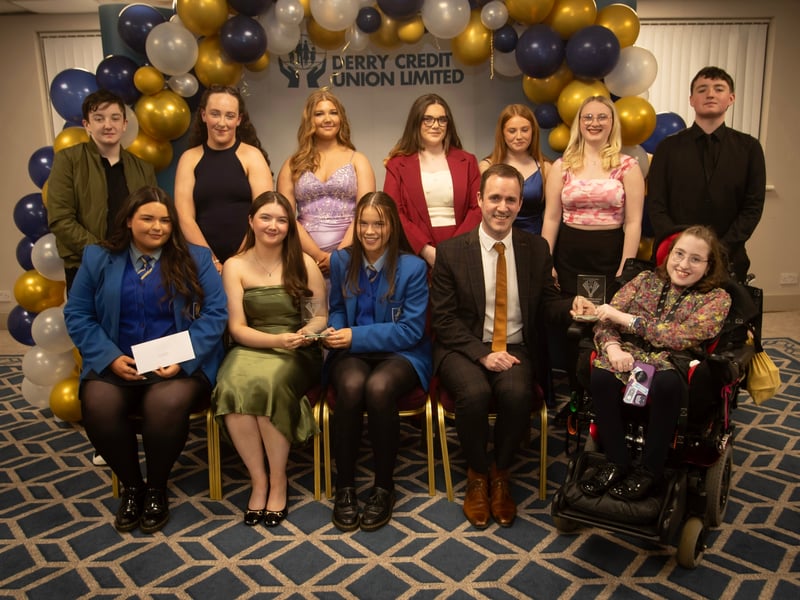 Derry Credit Union's Annual Young People's Awards 2025 winners receiving their prizes at the Waterfoot Hotel on Monday evening last from Owen McColgan, Keynote Speaker and Sarah Lindsay, Youth Committee member.