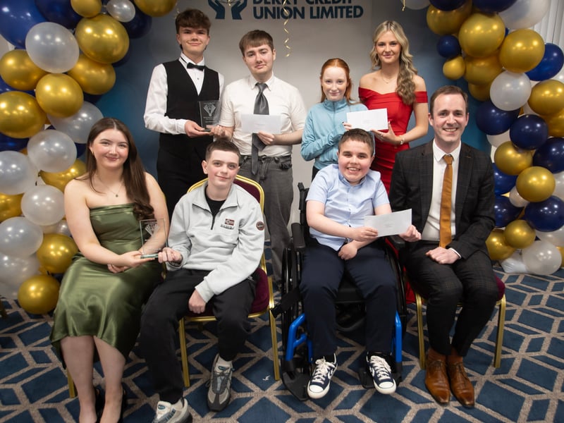 Derry Credit Union's Annual Young People's Awards 2025 winners receiving their prizes at the Waterfoot Hotel on Monday evening last from Owen McColgan, Keynote Speaker, and Youth Committee members Sarah Lindsay, Owen Donaghey and Sarah Doherty. (Photos: Jim McCafferty Photography)