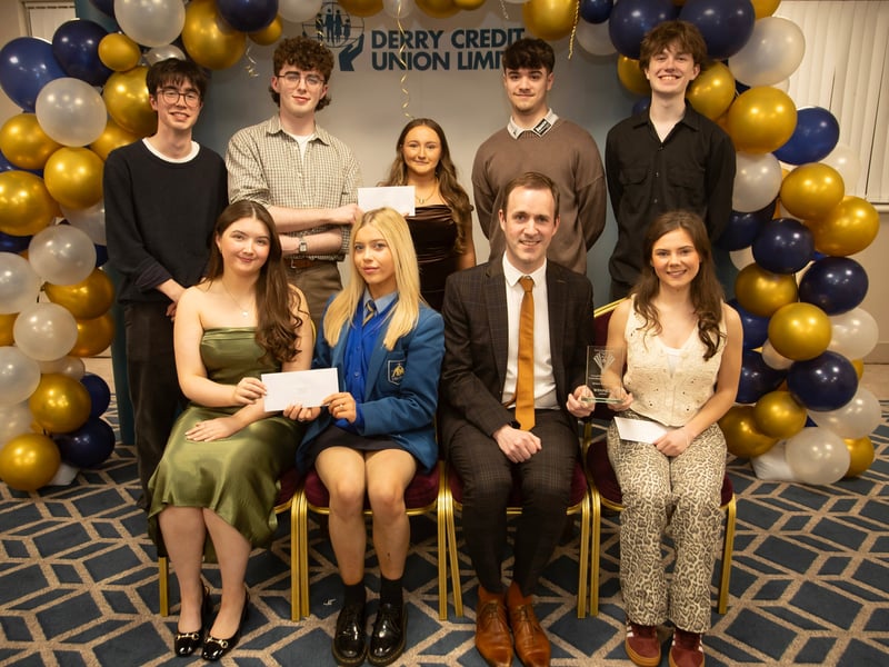 Derry Credit Union's Annual Young People's Awards 2025 winners receiving their prizes at the Waterfoot Hotel on Monday evening last from Owen McColgan, Keynote Speaker, and Youth Committee members Sarah Lindsay and Lauren McBrearty. (Photos: Jim McCafferty Photography)