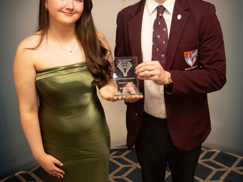 Derry Credit Union's Annual Young People's Awards 2025 winner Matthew Cairns receiving his Innovation Award from Sarah Lindsay, Youth Committee member, at the Waterfoot Hotel on Monday evening.