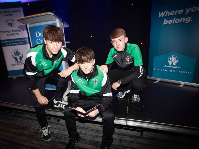 Ciaran Mullan, captain, centre pictured with team mates Sean Harkin and Kyle Redden, who were nominated for Monday night's Derry Credit Union Young People's Awards 2025.