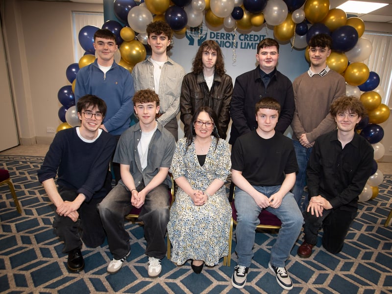 Mrs. Caroline McLaughlin, Principal, St. Columb's College pictured with some of the nominees from the school at Monday night's Derry Credit Union Young People's Awards 2025.