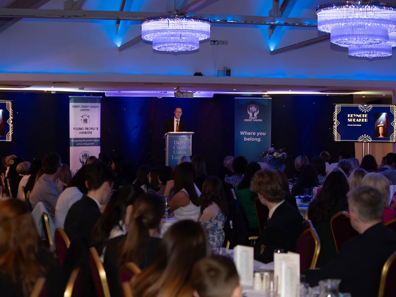 Owen McColgan, Chief Executive of The Howard Academy, keynote speaker at Monday's Annual Derry Credit Union's Young People's Awards addressing the attendance. (Photos: Jim McCafferty Photography)