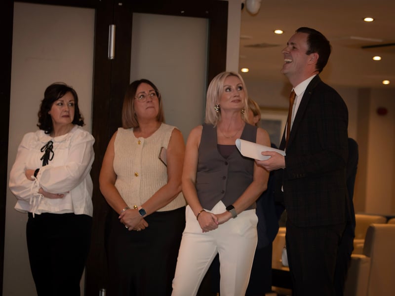 Keynote speaker Owen McColgan in conversation with Derry Credit Union staff on Monday evening.