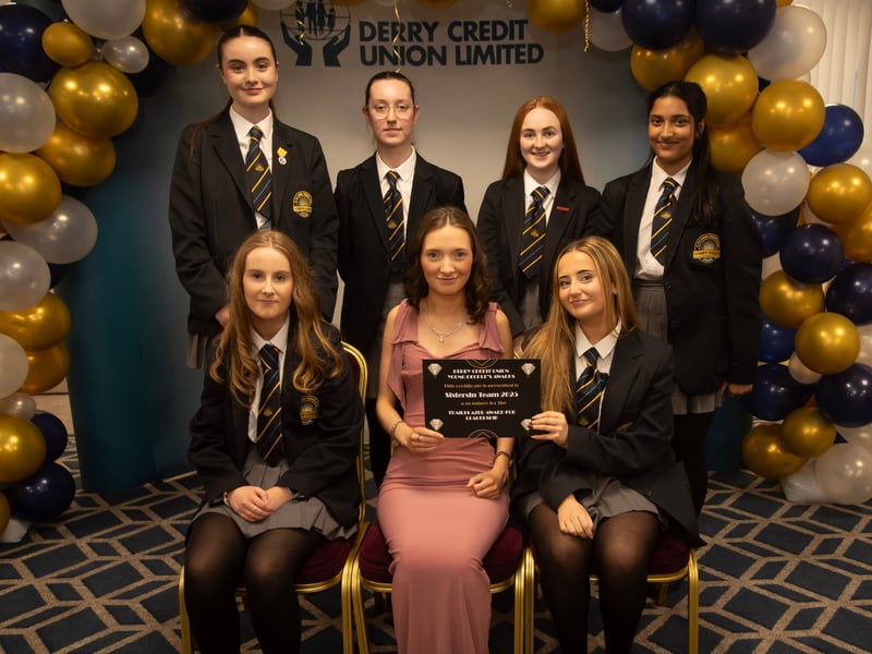 Derry Credit Union's Young People's Awards 2025 nominees Sistersin Team 2025 from Lumen Christi College, being presented with their certificates by Ellen Bradley, Youth Committee, on Monday night.