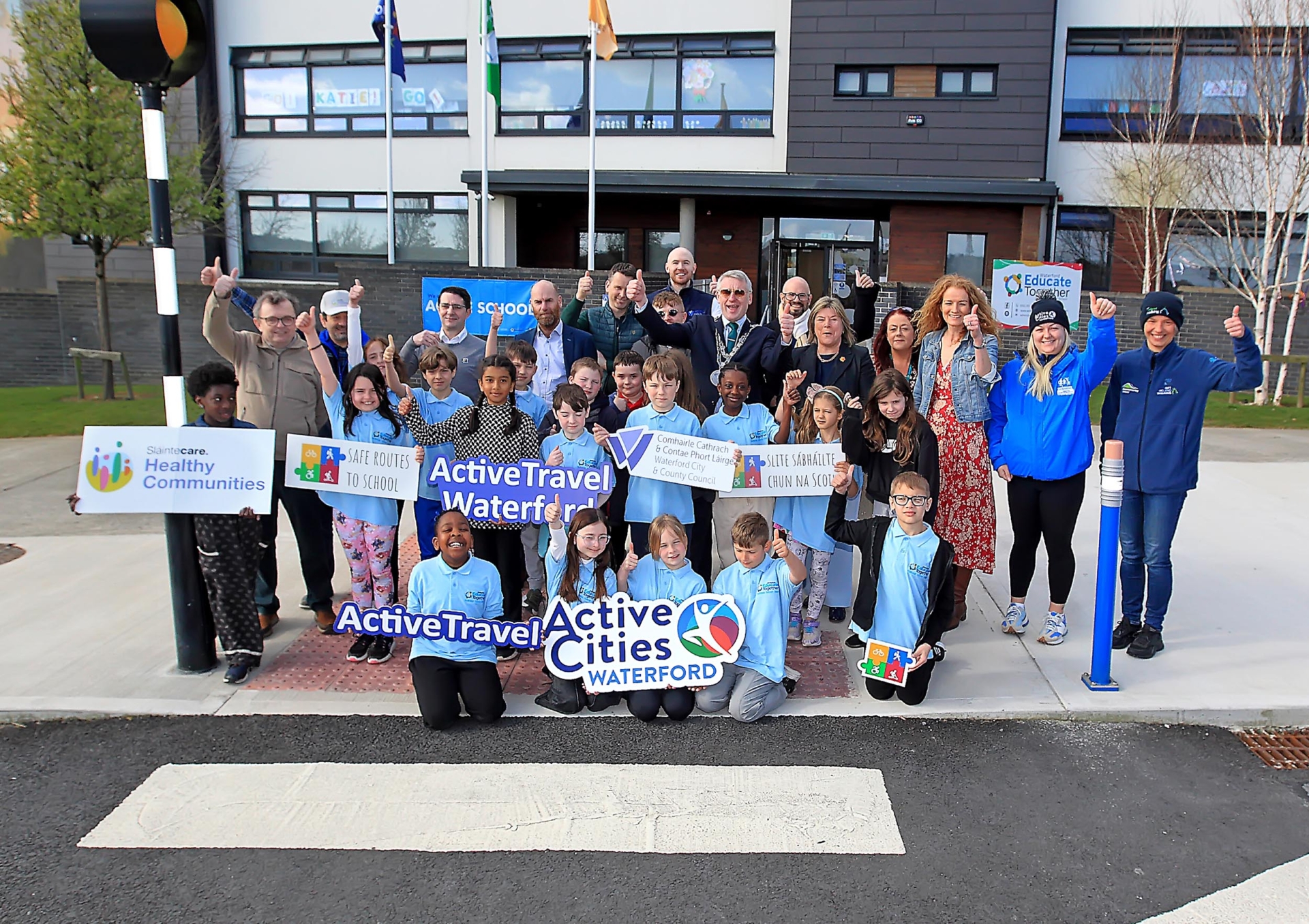 More children are now walking and cycling to two national schools in Waterford City following significant improvements made through the Active Travel Safe Routes to School (SRTS) programme. The SRTS programme aims to promote walking and cycling as safe, sustainable travel options for schoolgoers and has been highly successful in encouraging healthier lifestyles among pupils at St Saviour’s National School in Ballybeg and Waterford Educate Together National School in Carrickphierish. Launch of the Active Travel Safe Routes to School scheme at Waterford Educate Together National School, Carrickphierish, Waterford City At the official launch of the schemes on Friday March 28, 2025, Mayor of Waterford City and County Cllr. Jason Murphy commented: “It’s truly wonderful to see so many children opting to walk and cycle to school following these improvements.” The SRTS programme, an initiative of the Department of Transport and supported by the Department of Education, is operated by An Taisce in partnership with the National Transport Authority (NTA) and the Active Travel Department in Waterford City and County Council at a local level. Michael Murphy, Active Travel Senior Engineer, Waterford City and County Council, emphasised the importance of creating safe and welcoming spaces around schools. “When we improve the environment around schools, it naturally encourages children to walk and cycle, fostering healthier habits and safer communities,” Mr. Murphy said. Patrick Pender, Principal at Waterford Educate Together National School, expressed his strong support for the initiative, emphasising its success in improving safety outside the school. “The reduction in cars around our school, combined with safer road crossings and junction improvements, has made a noticeable difference in creating a safer and more accessible environment for our pupils and their families. “These changes are a welcome step towards making active travel a more viable and attractive option for children, encouraging more of