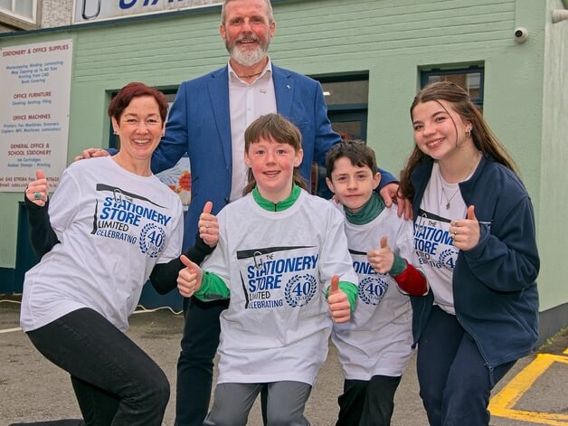 Hugh Magee, Managing Director of the Stationery Store, Naas, celebrating 40 years, pictured with his family, Geraldine, Fionn, Rory, and Aisling