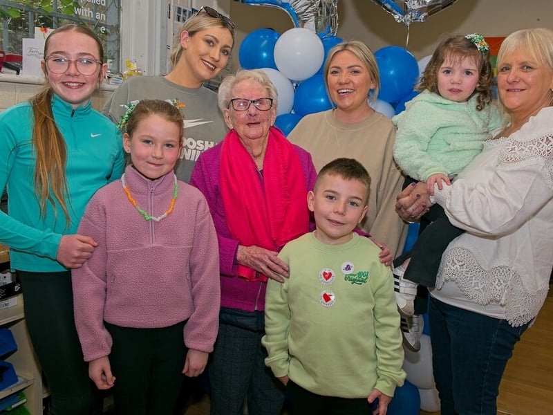 Mary Finnegan (centre), 98 years young, pictured with her family members, (from left) Ella Kelly, Lacey, Claire and Grace McGarr, Ruben Dolan, Edel McGarr and little Darcie Dolan